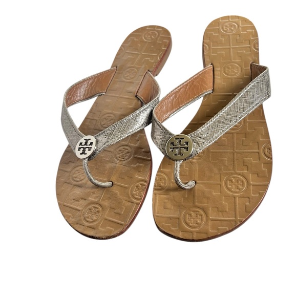 Tory Burch Shoes - Tory Burch 8 Thora Metallic Silver Flip Flop Leather Sandals Casual Summer Shoes
